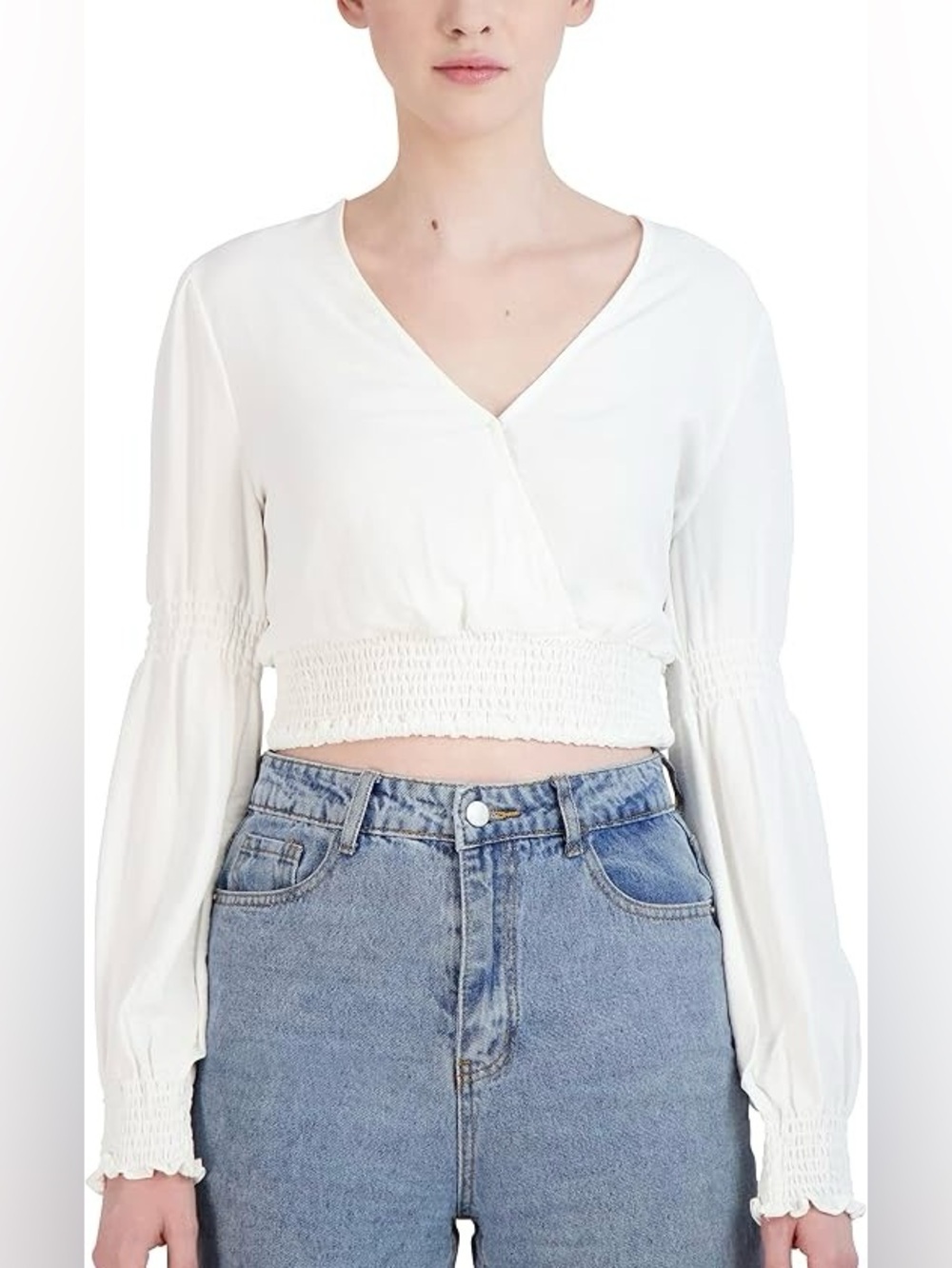 BCBGeneration White Long Sleeve Smocked-Waist Wrap Top
